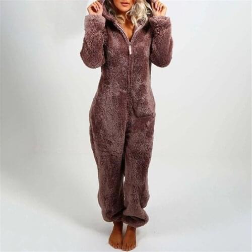 2021 Plus Size Bodysuit Autumn Winter Cute Fleece Plush Warm Hooded Pajamas Women Long Sleeve Loose Casual Zipper Jumpsuit S-5XL