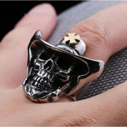 Fashion Classic Trend Stainless Steel Punk Style Gold Western Cowboy Style Skull Mens Ring Jewelry