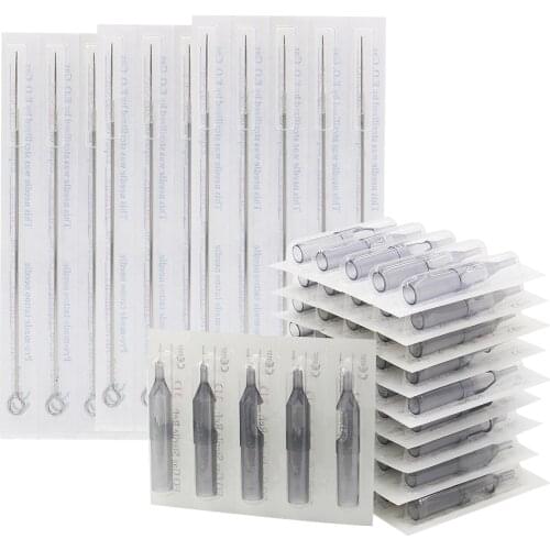 50pcs Assorted Sterilized Mixed 3/5/7/9RL 3/5/7/9RS 7/9M1 Size Tattoo Needles and 50pcs Disposable Tattoo Tips Combo