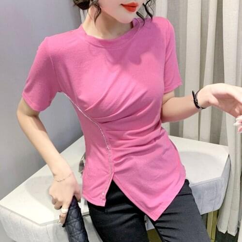Solid Basic short Sleeve Womens Tshirt Casual Folds Diamond Fashion Crop Top T Shirt Ladies Fashion Korean Tee Shirt y2k tops