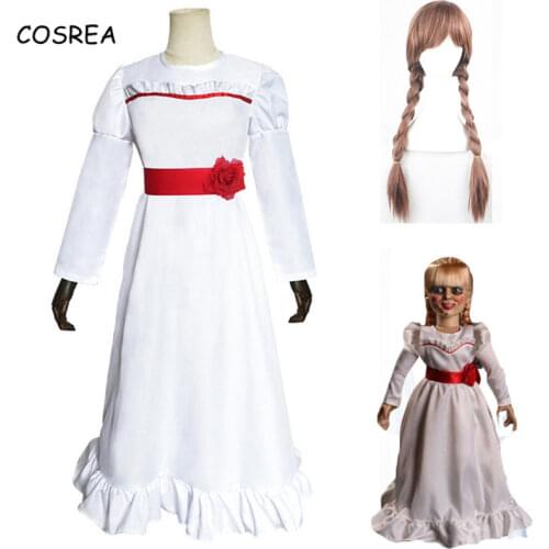 Girl Halloween Dress Doll Annabelle Cosplay Costume for Women Kids Adult Halloween Costume Horror Conjurining Annabelle Hair