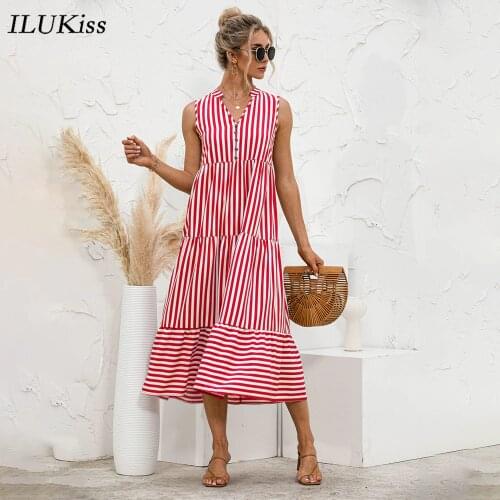 Summer Sleeveless Maxi Dress Women Striped Print 2021 Fashion Stand Collar Loose Long Dresses Elegant Casual Womens Clothing