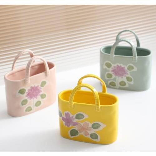 Handpainted Ceramic Handbag Vase Small Decorative Art Vase Filler Cute Basket Storage Container Filler Table Ornament Home Decor