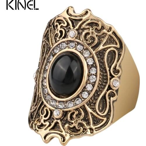Turkey Jewelry Unique Ancient Gold Color Black Ring For Women Lucky Pattern Mosaic Crystal Gift Anillo Accessories