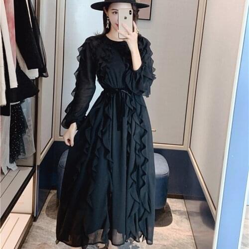Vintage Wine Red Ruffles Dress Women O-neck Long Sleeve High Waist Belt Bow Ruched Chiffon Dress Female Elegant Long Party Dress