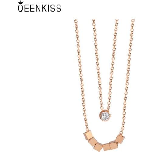 QEENKISS NC7149 Fine Jewelry Wholesale Fashion Woman Birthday Wedding Gift Double-layer Square Zircon 18KT Gold Pendant Necklace