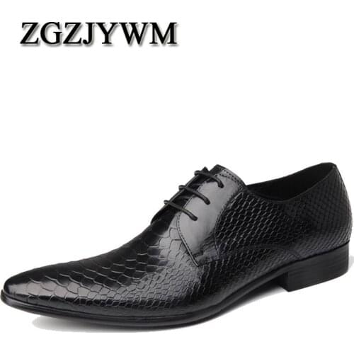 ZGZJYWM Spring/Autumn Black/Red Oxfords Snakeskin Pattern Dress Lace-Up Genuine Leather Wedding Mens Business Office Shoes