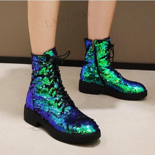 LAIGZEM Women Ankle Boots Sequined Glitter Square Heels Short Booties Side Zip Ladies Female Shoes Woman Large Size 33 41 42 43