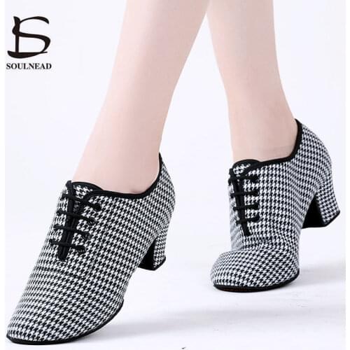 New Female Ballroom Dance Shoes Womens Latin Salsa Dance Shoes Houndstooth Tango Jazz Dancing Shoe Sneakers zapatos de baile