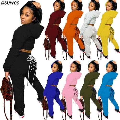 Gsuwoo Women Sweatshirt Pants Two-piece Suit Autumn Winter Long Sleeve Hoodies Back Drawstring High Waist Pants Tracksuit Sets