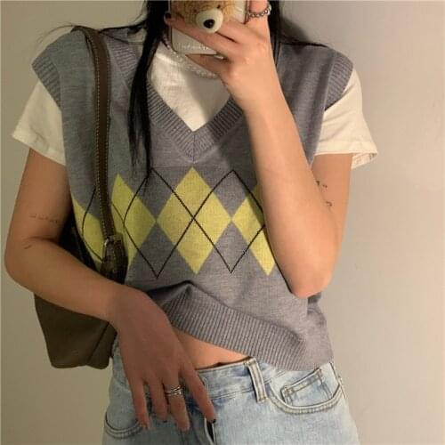 Retro Y2k Argyle Knitted Pullovers Vest Womens Summer 2021 Fashion V-neck Sleeveless Crop Top Jumpers Preppy Style Sweater Vest