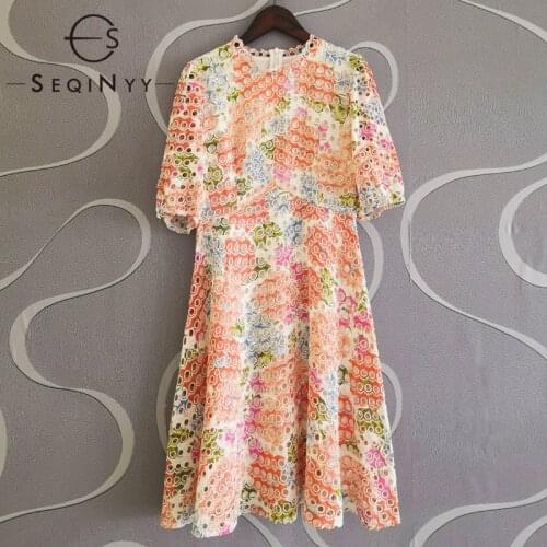 SEQINYY Sweet Dress Pink Green Summer Spring New Fashion Design Women Runway Hollow Flowers Print Mini A-line Casual
