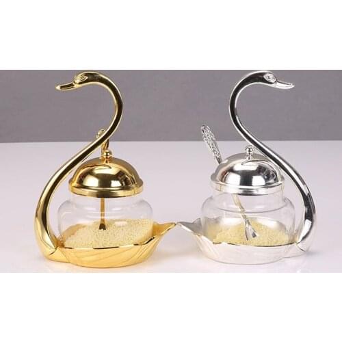 2 Unique Swan Jars European Style Gold Silver Finish Metal Glass Salt/Sugar/Tea/Coffee Jar Tableware Dinnerware Home Table Decor