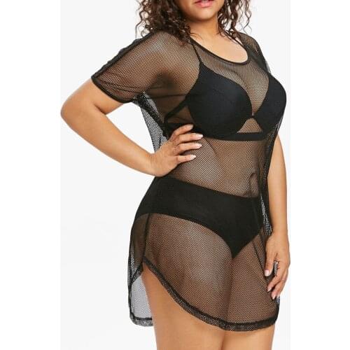 2021 Fashion Women Plus Size O-neck Bikini Cover Up Swimwear Bathing Mesh Beach Dress Round Neck Short Sleeve Mesh Bikini