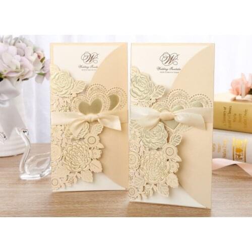 50pcs/lot Gold Laser Cut Wedding Invitations Card Vertical Save The Date Golden Bridal Shower Engagement Invitations Envelopes
