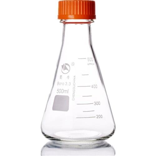 500ml,Glass Erlenmeyer Flask Yellow Plastic Screw Cap,Lab Conical Reagent Bottle