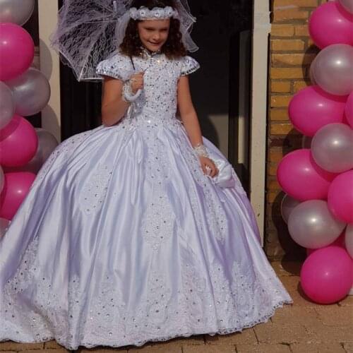 Flower Girl Dress for Weddings Satin Lace Beaded Ball Gown Girl Party Communion Dress Pageant Gown Gold Color