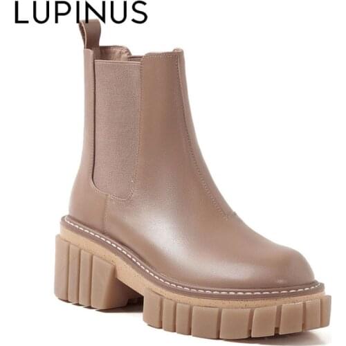 LUPINUS Chunky Heel Ankle Boots Women Genuine Leather Chelsea Boots Women Luxury Brand Fashion Shoes 2021 Autumn Boots Women