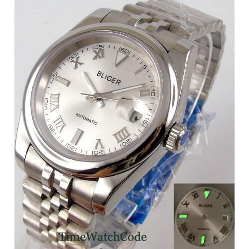 39mm Genuine Miyota 8215 Movement Mens Automatic Watch Sapphire Glass Date Silver Dial Jubilee Bracelet Cyclops Green Lume Dial