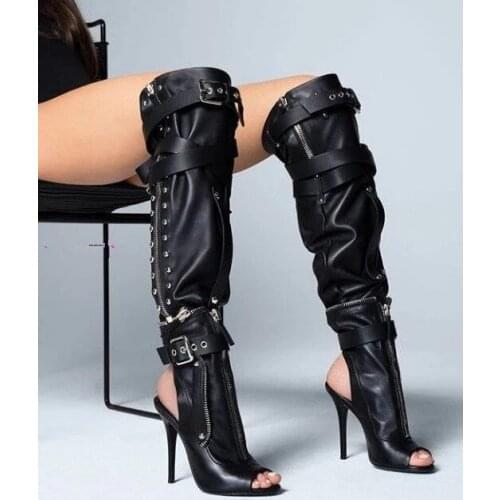 Black Botines Summer Leather Thigh High Heel Over The Knee Motorcycle Boots Peep Toe Zipper Buckle Punk Runway Shoes Woman