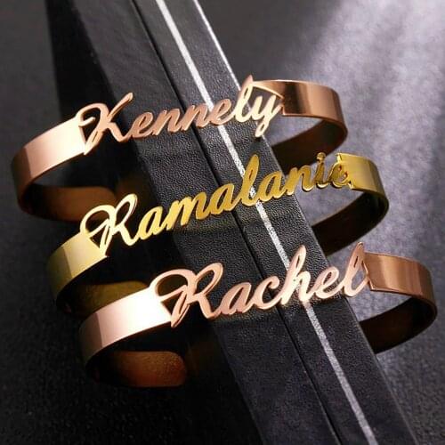 HUHUI Custom Name Bangle Personalized Letter Open Cuff Adjustable Bangles Women Men Stainless Steel Jewelry Anniversary Gift