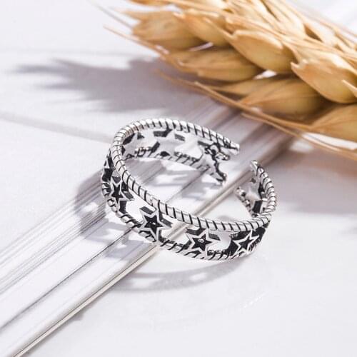 Vintage Star Ring for Women Retro Silver Color Hollow Out Resizable Rings for Teen Girls Fashion Cute Jewelry Wholesale KBR104