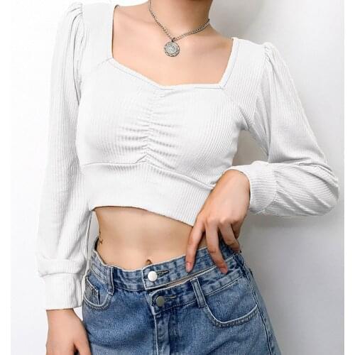 Laertes Long Sleeve Womens T Shirt Solid Basic Casual Black White Fashion Crop Top Ruched Ladies Fashion Korean Tee Shirts