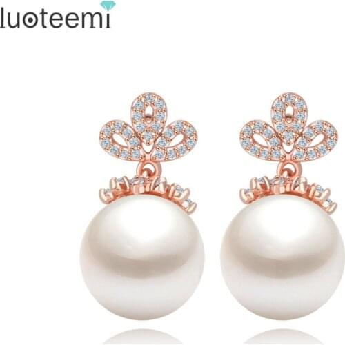LUOTEEMI Coming Korea Design White Round Simulated-Pearl Charm Girl Tiny Cubic Zirconia Earrings For Lady Dancing Jewelry