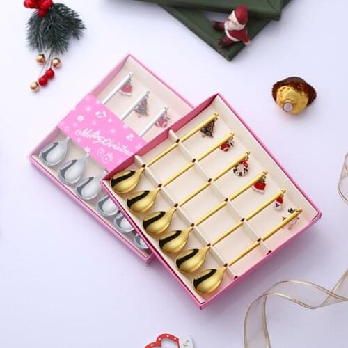 6PCS Stainless Steel Spoon Set Christmas Coffee Spoon Ice Cream Soup Sugar Dessert Teaspoons Mixing Stirrer Kitchen Tableware