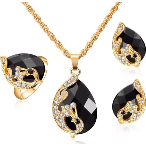 Elegant Peacock Zircon Bridal Gold color Jewelry Sets Women Pendant&Necklace Ring Earrings With Natural Stones Jewelery
