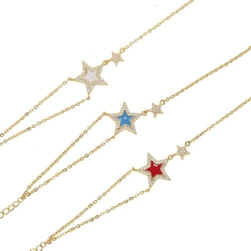 New arrived gold filled blink double stars white blue red stone cz paved delicate minimalism 2 chain women bracelets lover gift