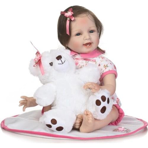 NPK 22inch 55cm Bebe Doll Reborn Soft Silicone Boy Girl Toy Reborn Baby Doll Gift for children with white bear Bady Doll