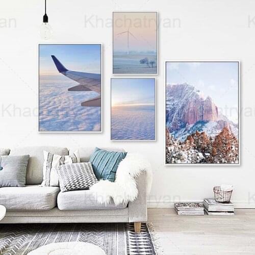 Sea of Clouds Home Decoration Poster Airplane Tail Sun Rays Living Room Wall Canvas Poster Landscape Alpine Tree Bedroom Print