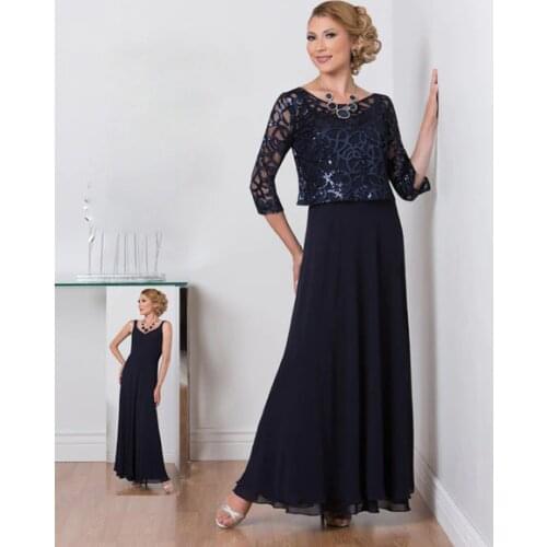 Mother of the Bride Dresses Sequin Lace Top 2 Pieces Navy Blue Long Mother of Groom Chiffon Long Women Wedding Party Gown