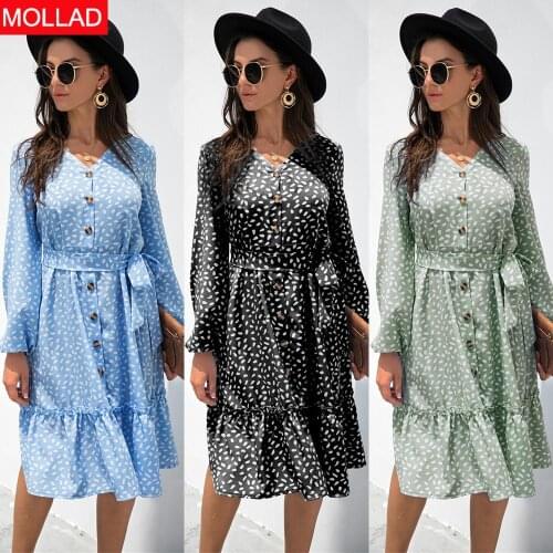 2021spring and Autumn New Hot Sale Front and Middle Buckle V-neck Long Sleeve Polka Dot Dress