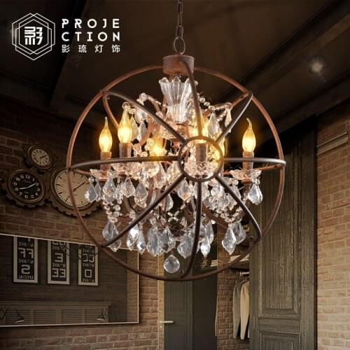 Industrial retro style spherical black wrought iron crystal pendant lamp