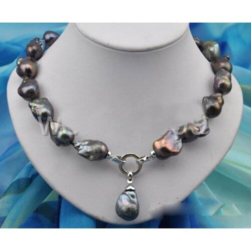 Rare 18" 25mm baroque black keshi reborn pearl necklace pendant