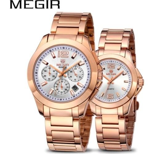 Relogio Masculino MEGIR Mens Quartz Watch Rose Gold Stainless Steel Lovers Watches Waterproof Wristwatch Set Orologio Uomo