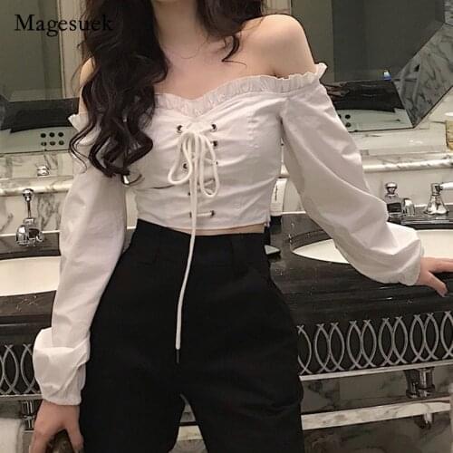 Sexy Off Shouder Cotton White Woman Shirts Long Sleeve Slim Women Blouses Korean Drawstring Fashion Womens Clohing Blusas 14314