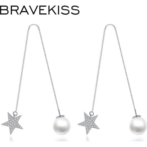 BRAVEKISS New Pearl Drop Earrings for Women Fashion Jewelry White Gold Color Long Chain Star Earring Boucle D'Oreille BUE0332