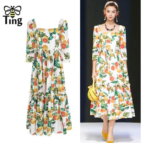 Tingfly 2021 Desinger Fashion Fruit Orange Print Summer Chic Dress Women Midi Long Party Dinner Dresses Street Casual Robes