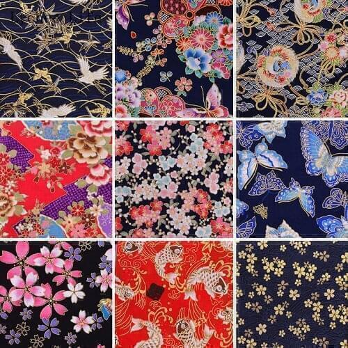 Lychee Life Japanese Butterfly Crane Printed Patchwork Fabric Black Red Cotton Cherry Blossom Bronzing Fabric Diy Sewing Crafts