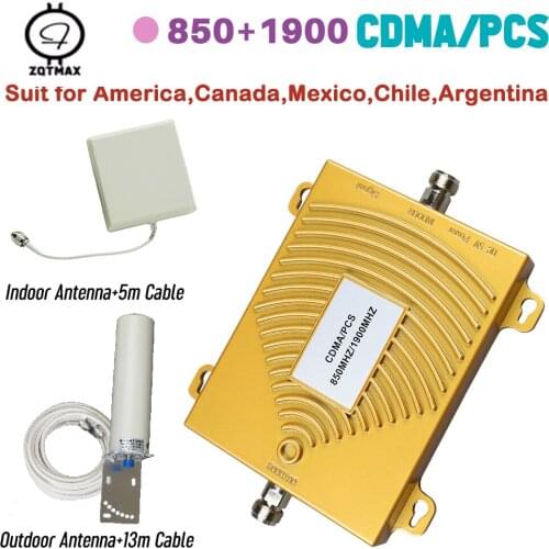 ZQTMAX 850Mhz GSM Mobile Phone Signal Booster 65dB 1900Mhz 3G 4G Internet Cellular Repeater sets for Home office + antenna sets