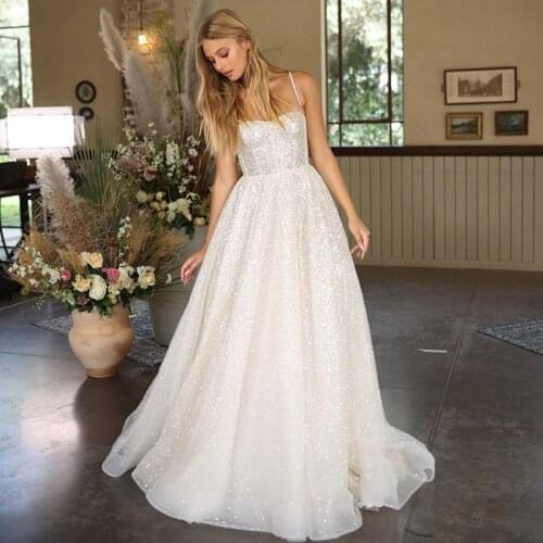 Vestido de Noiva 2021 Shiny Beach Wedding Dresses Custom Made Boho Bride Dress Spaghetti Straps Summer Wedding Gowns Princess