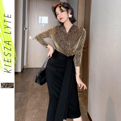 Women Two Pieces Sets Sexy V Neck Leopard Blouse + High Waist Fringe Wrap Skirt Office Laday Wear Spring 2020