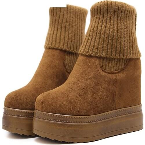 Women Mid Calf Boots Winter Knitting Wool Hidden Heel Woman Warm Winter Boots Fashion Platform Thick Sole Shoes Women Boot