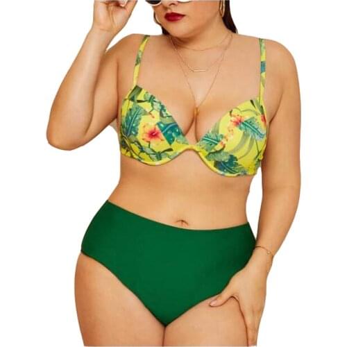 Plus Size High Waist Swimwear Print Large Size Swimwear Push Up Bra Bikini Set 2020 Retro Two Piece Swimsuit For Women Beachwear