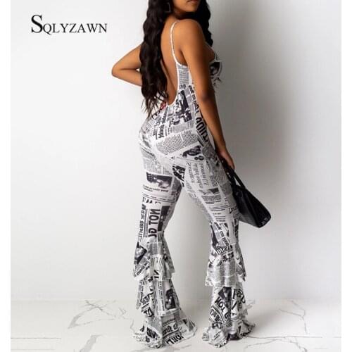 Sexy Letter Print Ruffle Flare Pants Jumpsuit Female White and Black Newspaper Backless Romper Streetwear Club Bodycon Overalls