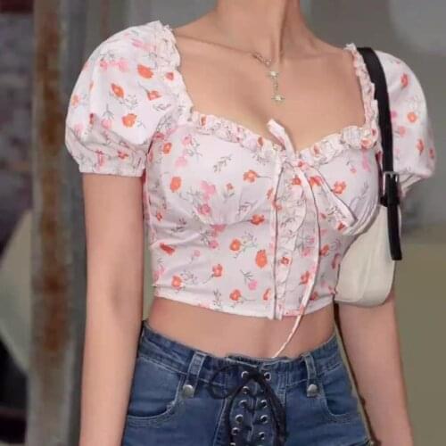 2021 New Summer Sexy Crop Top Women High Waist Ruffle Floral Blouses And Shirts Lace Up Back Zipper Short Sleeve White Fashion