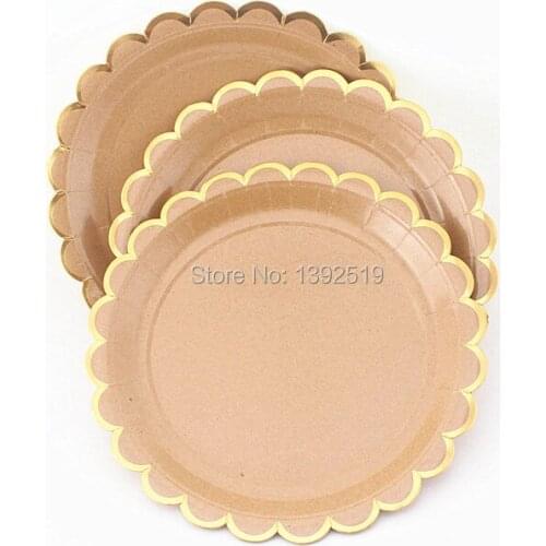 160Pcs Kraft Paper Plates Scollop Edge Shiny Gold Foil Border Wedding Fruit Dish Plates Event & Party Supplies Mixed 7inch 9inch